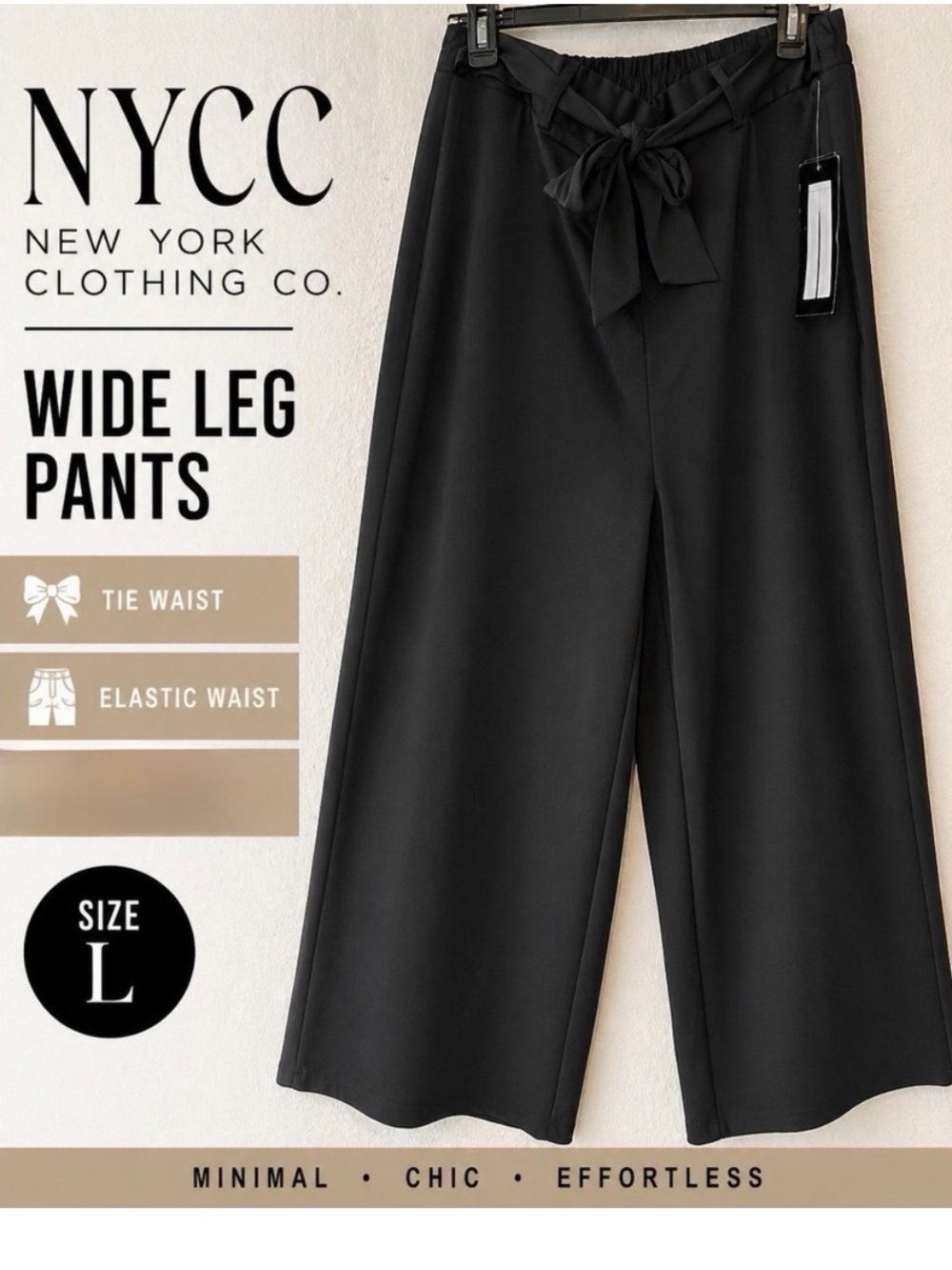 Wide-Leg Tied Waist Pants - Black Size L